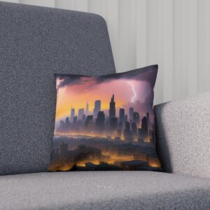 Decorative cushion featuring a city silhouette with a sunrise stormy backdrop on sofa