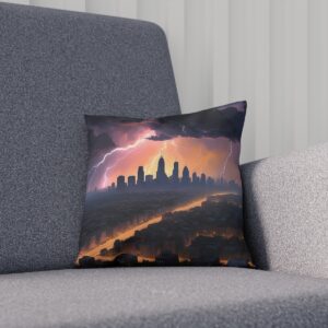 Cushion with a city skyline under a stormy sky with lightning on grey sofa