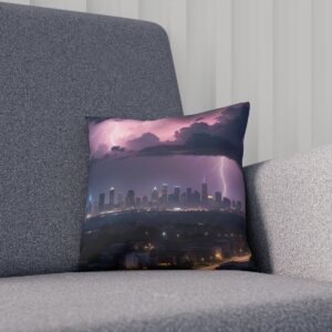 Cityscape cushion with dawn sky and lightning over silhouetted buildings on sofa