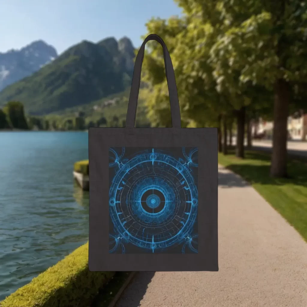 Cotton canvas tote bag featuring a futuristic blue circular design, displayed outdoors on a scenic lakeside path surrounded by trees and mountains.