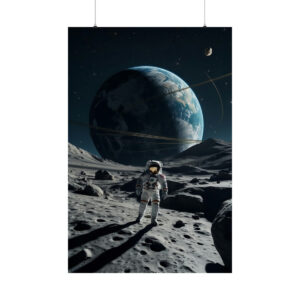 astronaut standing on rocky lunar surface with Earth and moon in the background