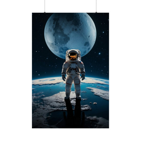 stronaut standing in front of Earth with the moon in the background