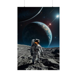 astronaut standing on rocky lunar surface with large planets and stars in the background