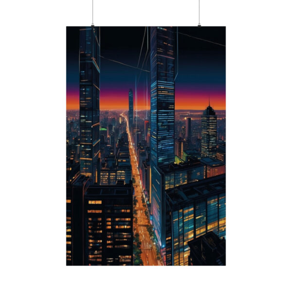 futuristic cityscape with towering skyscrapers at sunset, glowing with neon lights