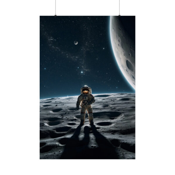 astronaut standing on cratered lunar surface with large planet in the background