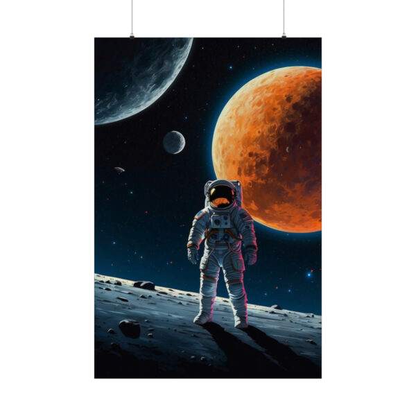 astronaut standing on lunar surface with planets in the background