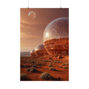 futuristic domes on a red desert landscape with distant planets in the sky