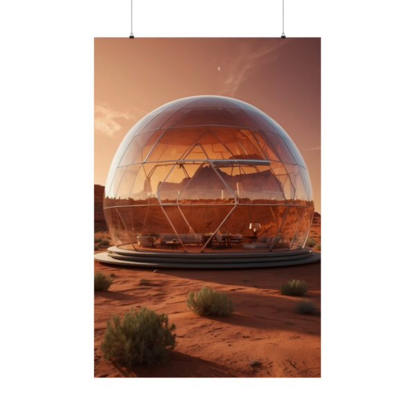 transparent futuristic dome in desert with shrubs and red sand