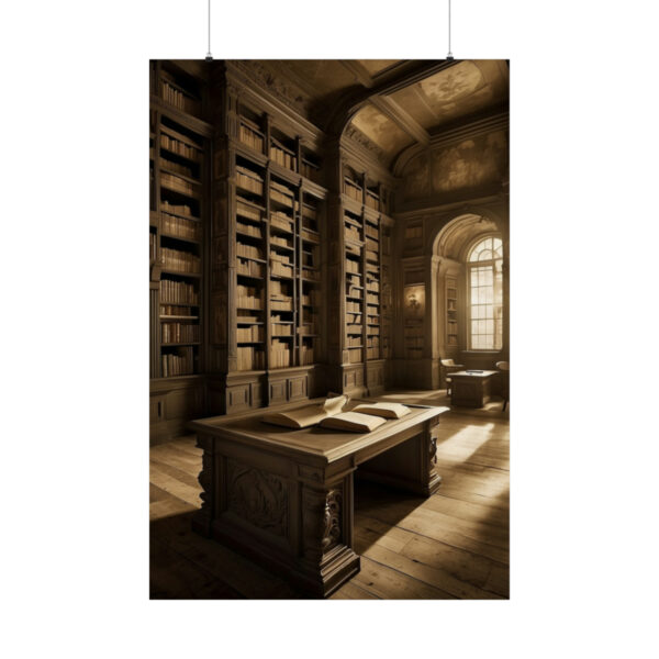 Grand historic library with tall bookshelves, large open books on a wooden table, and sunlight streaming through arched windows