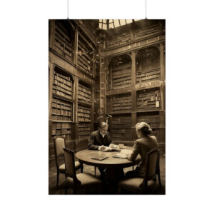 Two people reading at a table in a grand, old library with tall bookshelves