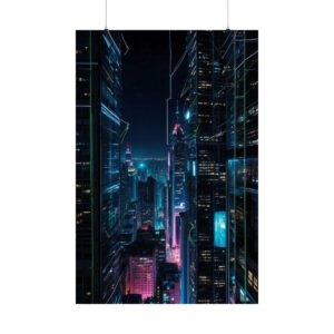 towering skyscrapers with neon lights in a futuristic city at night