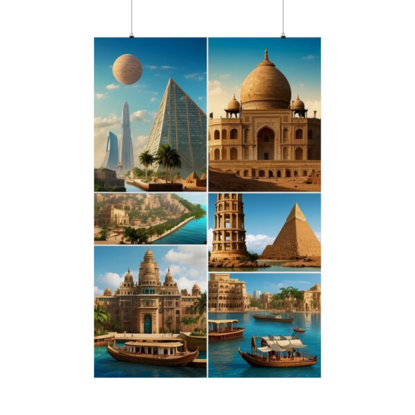 Collage of ancient civilizations with pyramids, temples, boats, and iconic architecture