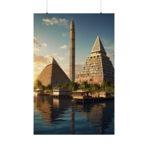 Ancient pyramids and a tall obelisk reflected in a calm body of water