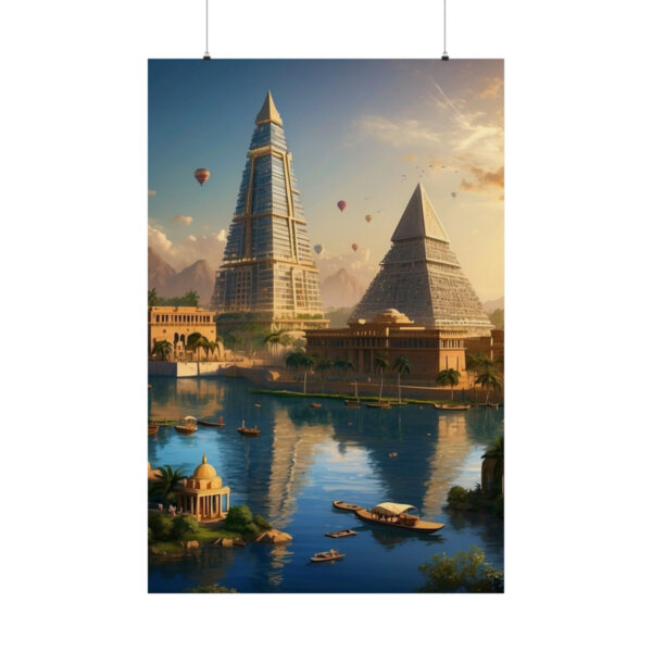 Ancient civilization with towering pyramids by a river, boats, and hot air balloons in the sky