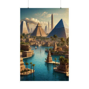 Ancient civilization city with pyramids and water canals surrounded by palm trees