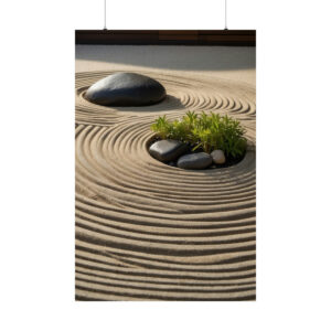 Zen garden with smooth black stones, small plants, and circular raked sand patterns