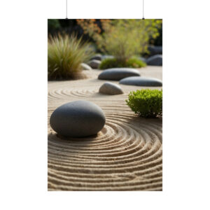 Smooth black stones arranged on raked sand with small plants in a zen garden