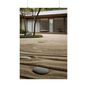 Zen garden with smooth stones and raked sand in a minimalist courtyard