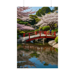 Red bridge over a peaceful pond with cherry blossoms and manicured trees