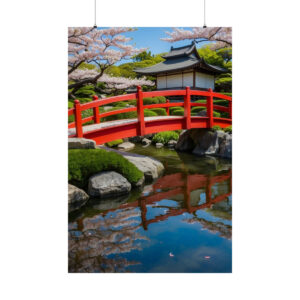 Red bridge over a pond with cherry blossoms and a traditional Japanese building in the background