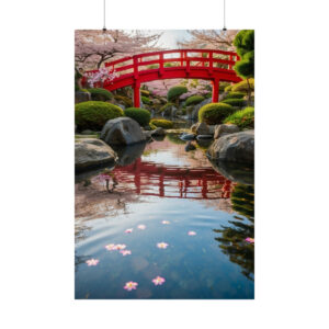 Red bridge reflected in a tranquil pond with cherry blossoms and stones in a serene zen garden