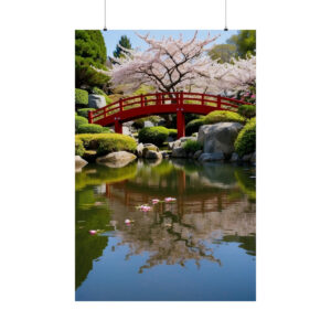 Red bridge over a peaceful pond with cherry blossoms and their reflection in the water