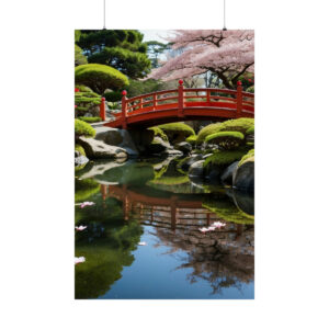 Red bridge over a calm pond with cherry blossoms and manicured greenery reflected in the water