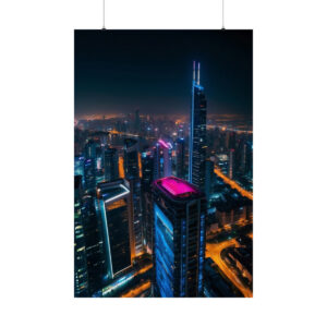 aerial view of illuminated skyscrapers with neon lights in a city at night