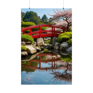 Red bridge over a tranquil pond with cherry blossoms and manicured greenery