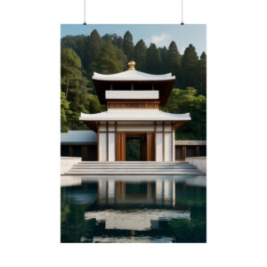 Traditional Asian temple reflected in a calm pond, surrounded by lush greenery