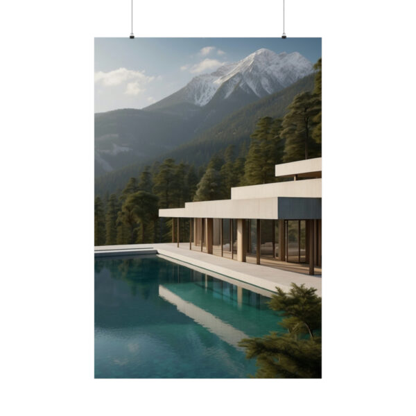 odern building with a pool overlooking a forested landscape and snow-capped mountain