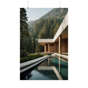 Modern building with a long pool set against a forested mountain landscape