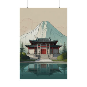 Traditional Asian temple reflected in a calm pond with a mountain in the background