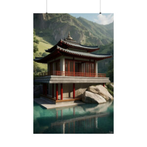 Traditional Asian pavilion built over a calm lake with mountains in the background