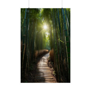 Sunlight shining through bamboo trees onto a wooden path in the forest