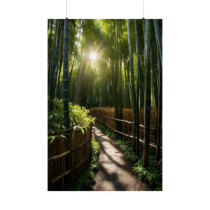 Sunlight shining through bamboo forest onto a peaceful path