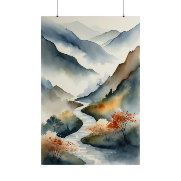 Serene river flowing through misty mountains with autumn trees