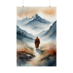 Person walking along a mountain path through misty valleys and peaks