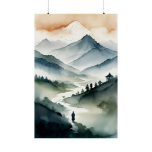 Person walking along a river through misty mountains with a distant pavilion