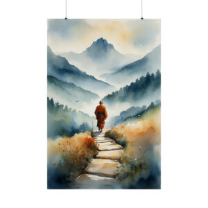 Person walking along a wooden path through misty mountains and valleys