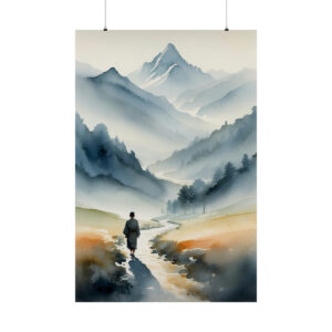 Person walking along a winding path through misty mountains and valleys