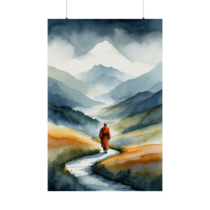 Person walking on a winding path through misty mountains in a serene landscape