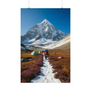 Hiker walking on a snowy path toward tents with a towering mountain in the background