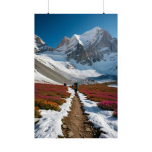 Hiker walking on a trail through snow and wildflowers with a mountain in the background