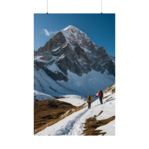 Two hikers walking on a snowy trail with a towering mountain in the background