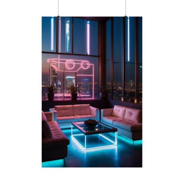 modern rooftop lounge with pink and blue neon lights, sleek furniture, and a panoramic city skyline view at night