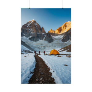 Hikers walking toward a campsite with a tent in snowy mountains