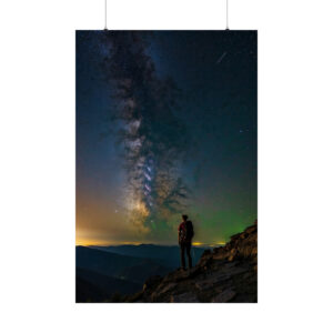 Person standing on rocky terrain under the Milky Way with distant mountains