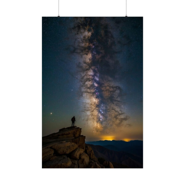 Person standing on cliff under a vivid Milky Way galaxy in the night sky