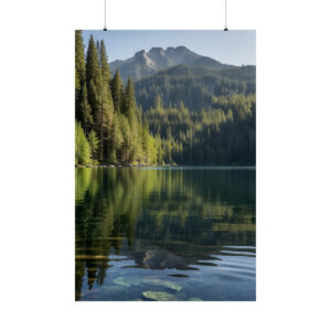 Calm lake reflecting pine trees and distant mountains in a forested landscape